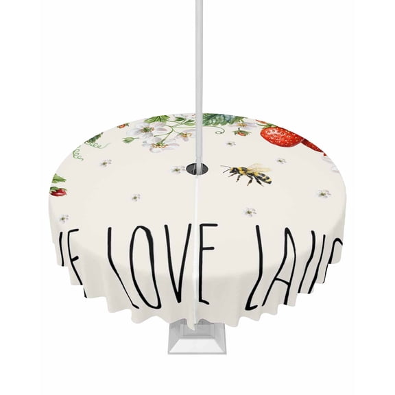 nqOlkjepod Strawberry Outdoor Tablecloth with Umbrella Hole & Zipper, Summer Fruits Bee Floral Botanical Round Table Cover 54 Inch, Dining Waterproof Table Cloth Protector for Patio/Party/Picnic