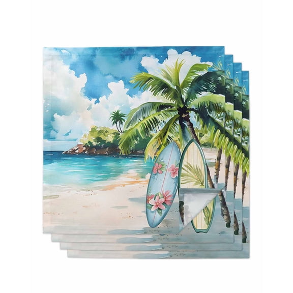 nqOlkjepod Summer Beach Cloth Napkins Set of 4 Reusable Dinner Napkins, Tropical Coastal Palm Tree Surfboard Cocktail Napkin Washable Table Napkins for Wedding/Holiday Party/Baby Shower 20"x20"