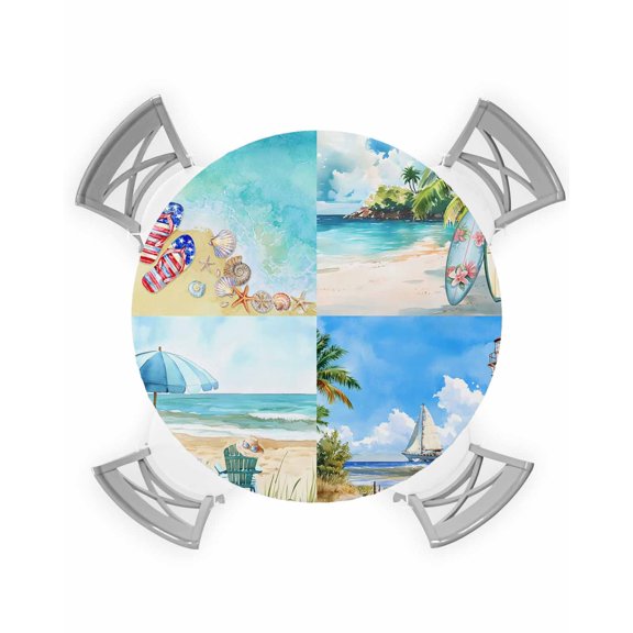 nqOlkjepod Summer Beach Round Tablecloth, Fitted Table Cover with Elastic for 36"-44" Round Tables, Modern Tropical Coastal Ocean Seaside Table Cloth Outdoor Dinning Party Waterproof Tablecloths