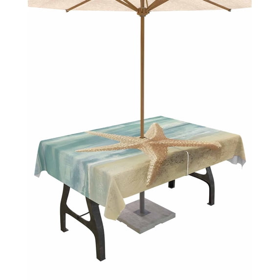 nqOlkjepod Summer Coastal Beach Outdoor Tablecloth with Umbrella Hole & Zipper, Vintage Ocean Wave Starfish Rectangle Table Cover 60x120 Inch, Dining Waterproof Table Cloth Protector for Patio/Party