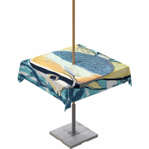 nqOlkjepod Summer Coastal Outdoor Tablecloth with Umbrella Hole & Zipper, Vintage Ocean Colorful Fish Coral Square Table Cover 60x60 Inch, Dining Waterproof Table Cloth Protector for Patio/Party