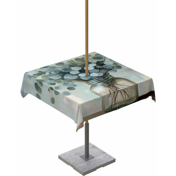 nqOlkjepod Summer Eucalyptus Outdoor Tablecloth with Umbrella Hole & Zipper, Spring Leaves Botanical Floral Square Table Cover 54x54 Inch, Dining Waterproof Table Cloth Protector for Patio/Party