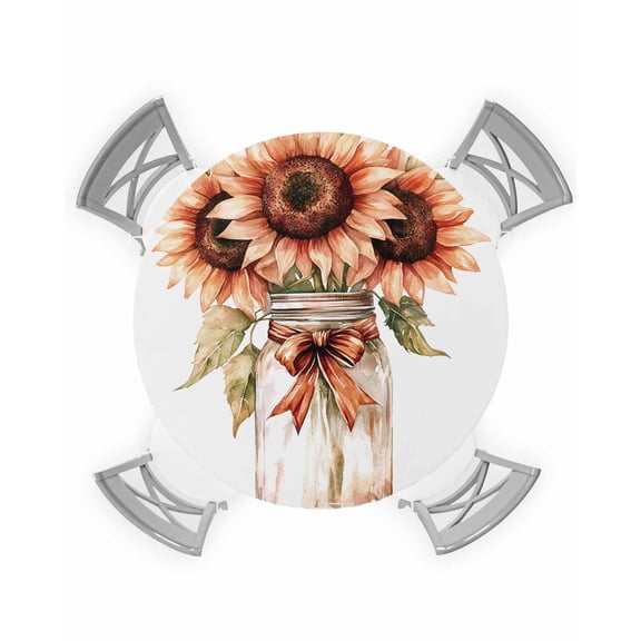 nqOlkjepod Summer Floral Round Tablecloth, Fitted Table Cover with Elastic for 36"-44" Round Tables, Spring Sunflowers Leaf Plant Bow Vase Table Cloth Outdoor Dinning Party Waterproof Tablecloths
