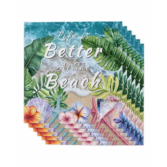 nqOlkjepod Summer Green Palm Leaf Cloth Napkins Set of 6 Reusable Dinner Napkins, Beach Ocean Floral Starfish Conch Cocktail Napkin Washable Table Napkins for Wedding/Party/Baby Shower 20"x20"