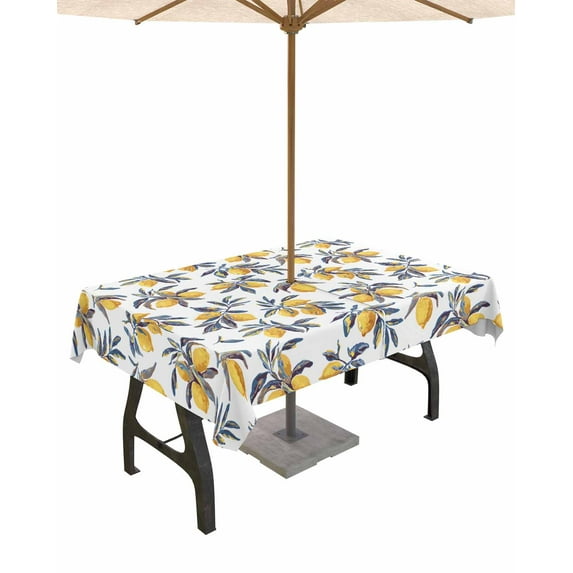 nqOlkjepod Summer Lemon Outdoor Tablecloth with Umbrella Hole & Zipper, Vintage Botanical Leaves Rectangle Table Cover 54x80 Inch, Dining Waterproof Table Cloth Protector for Patio/Party/Picnic