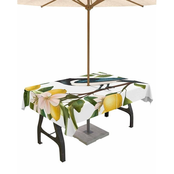 nqOlkjepod Summer Lemon Outdoor Tablecloth with Umbrella Hole & Zipper, Watercolor Birds Vintage Rectangle Table Cover 52x70 Inch, Dining Waterproof Table Cloth Protector for Patio/Party/Picnic