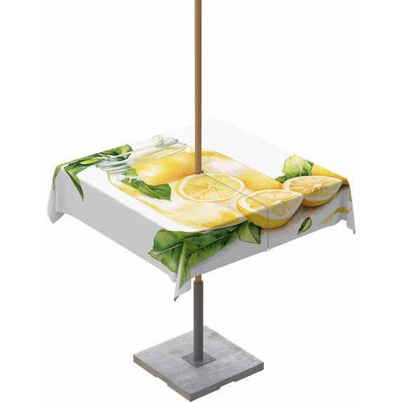 nqOlkjepod Summer Lemon Outdoor Tablecloth with Umbrella Hole & Zipper, Yellow Fruits Green Leaf Watercolor Square Table Cover 54x54 Inch, Dining Waterproof Table Cloth Protector for Patio/Party