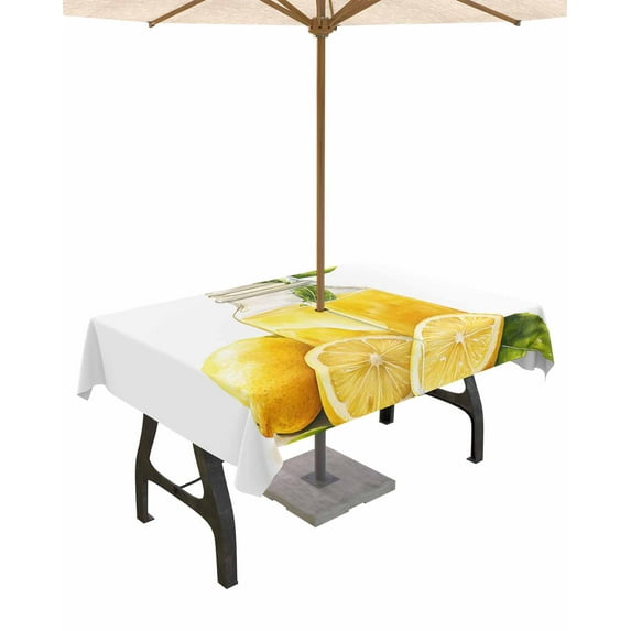 nqOlkjepod Summer Lemon Outdoor Tablecloth with Umbrella Hole & Zipper, Yellow Watercolor Pastel Country Retro Rectangle Table Cover 60x84 Inch, Dining Waterproof Table Cloth Protector for Patio