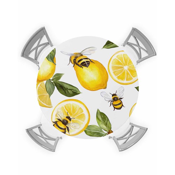 nqOlkjepod Summer Lemon Round Tablecloth, Fitted Table Cover with Elastic for 36"-44" Round Tables, Bee Green Botanical Yellow Fruits Table Cloth Outdoor Indoor Dinning Party Waterproof Tablecloths