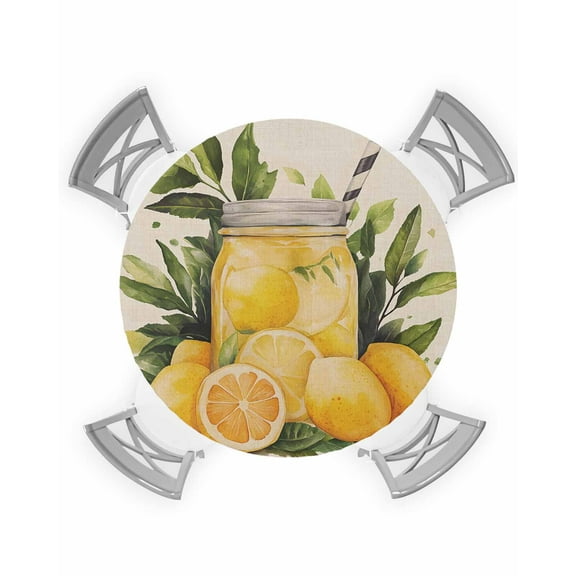 nqOlkjepod Summer Lemon Round Tablecloth, Fitted Table Cover with Elastic for 36"-44" Round Tables, Yellow Fruits Green Leaf Vase Retro Table Cloth Outdoor Dinning Party Waterproof Tablecloths