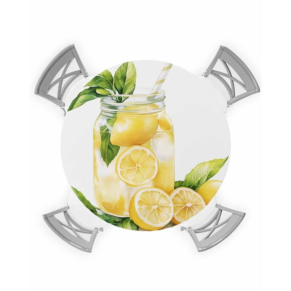 nqOlkjepod Summer Lemon Round Tablecloth, Fitted Table Cover with Elastic for 36"-44" Round Tables, Yellow Fruits Green Leaf Watercolor Table Cloth Outdoor Dinning Party Waterproof Tablecloths