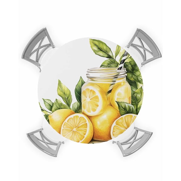 nqOlkjepod Summer Lemon Round Tablecloth, Fitted Table Cover with Elastic for 55"-60" Round Tables, Yellow Fruits Spring Green Leaf Vase Table Cloth Outdoor Dinning Party Waterproof Tablecloths