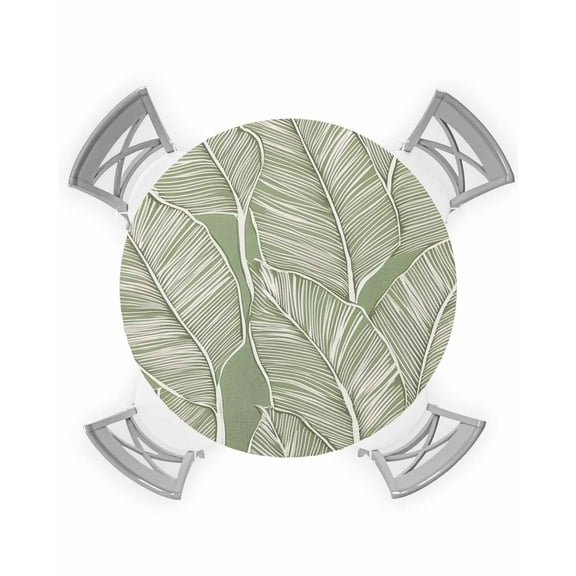 nqOlkjepod Summer Palm Leaf Round Tablecloth, Fitted Table Cover with Elastic for 36"-44" Round Tables, Tropical Bloom Silhouettes Green Table Cloth Outdoor Dinning Party Waterproof Tablecloths