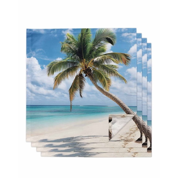 nqOlkjepod Summer Palm Tree Cloth Napkins Set of 4 Reusable Dinner Napkins, Sandy Beach Ocean Sky Cloud Plants Cocktail Napkin Washable Table Napkins for Wedding/Holiday Party/Baby Shower 20"x20"