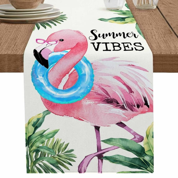 nqOlkjepod Summer Pink Flamingo Table Runner 70 Inches Long Farmhouse Dress Scarves, Beach Tropical Palm Leaves Dining Tablerunner for Coffee Table/Kitchen Island/Party Décor, 13" x 70"