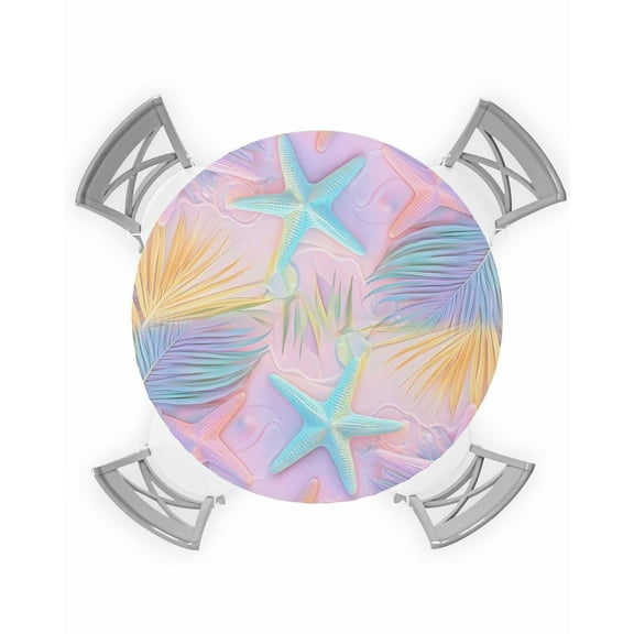 nqOlkjepod Summer Pink Romantic Beach Round Tablecloth, Fitted Table Cover with Elastic for 36"-44" Round Tables, Tropical Leaf Ocean Starfish Table Cloth Dinning Party Waterproof Tablecloths
