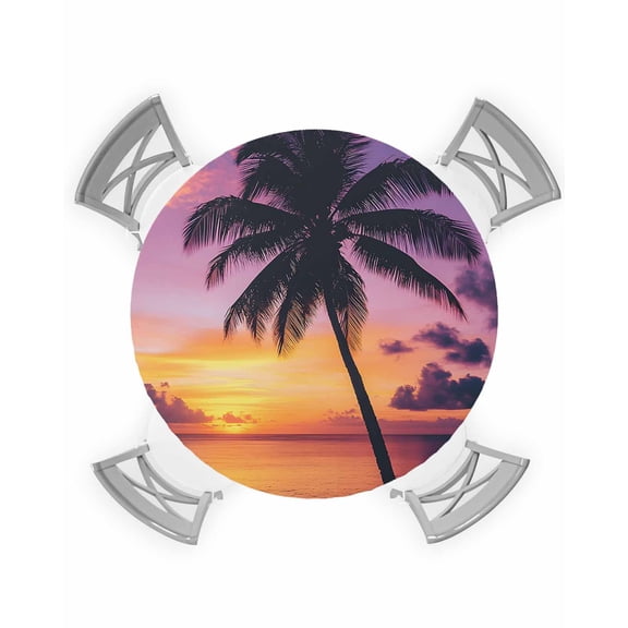 nqOlkjepod Summer Sunset Round Tablecloth, Fitted Table Cover with Elastic for 55"-60" Round Tables, Ocean Seaside Sky Cloud Scenery Palm Tree Table Cloth Dinning Party Waterproof Tablecloths