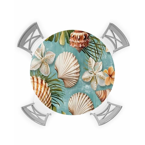 nqOlkjepod Summer Tropical Round Tablecloth, Fitted Table Cover with Elastic for 36"-44" Round Tables, Coastal Shell Flower Palm Leaf Table Cloth Outdoor Indoor Dinning Party Waterproof Tablecloths