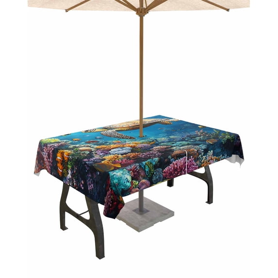 nqOlkjepod Summer Turtle Outdoor Tablecloth with Umbrella Hole & Zipper, Ocean Coral Underwater Sea Fish Animal Rectangle Table Cover 60x120 Inch, Dining Waterproof Table Cloth Protector for Patio