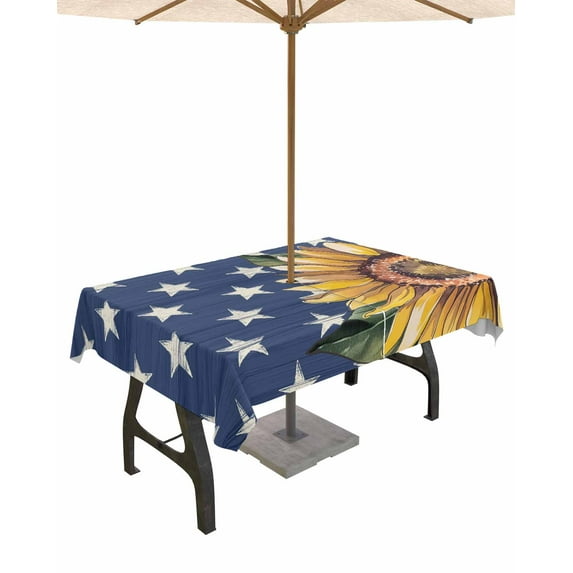 nqOlkjepod Sunflower 4th of July Outdoor Tablecloth with Umbrella Hole & Zipper, Blue Star Independence Day Rectangle Table Cover 60x120 Inch, Dining Waterproof Table Cloth Protector for Patio/Party