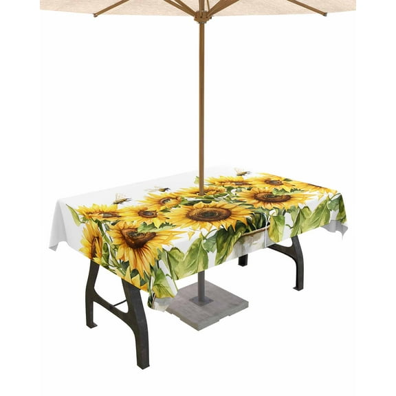 nqOlkjepod Sunflower Bee Outdoor Tablecloth with Umbrella Hole & Zipper, Watercolor Yellow White Summer Spring Rectangle Table Cover 60x84 Inch, Dining Waterproof Table Cloth Protector for Patio