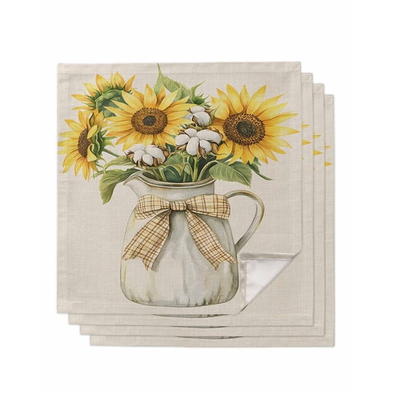 nqOlkjepod Sunflower Cloth Napkins Set of 4 Reusable Dinner Napkins, Farm Plant Vintage Floral Watercolor Beige Cocktail Napkin Washable Table Napkins for Wedding/Holiday Party/Baby Shower 20"x20"