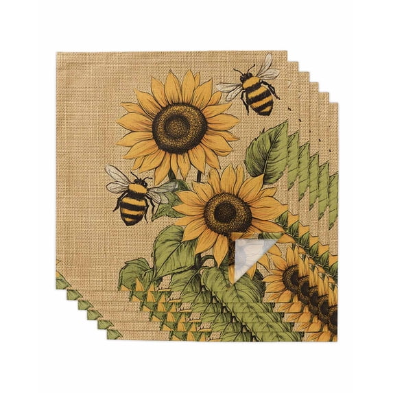 nqOlkjepod Sunflower Cloth Napkins Set of 6 Reusable Dinner Napkins, Vintage Bee Summer Floral Rustic Cocktail Napkin Washable Table Napkins for Wedding/Holiday Party/Baby Shower 20"x20"