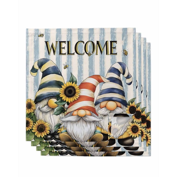 nqOlkjepod Sunflower Gnomes Cloth Napkins Set of 4 Reusable Dinner Napkins, Farmhouse Striped Bee Yellow Summer Flower Cocktail Napkin Washable Table Napkins for Wedding/Party/Baby Shower 20"x20"