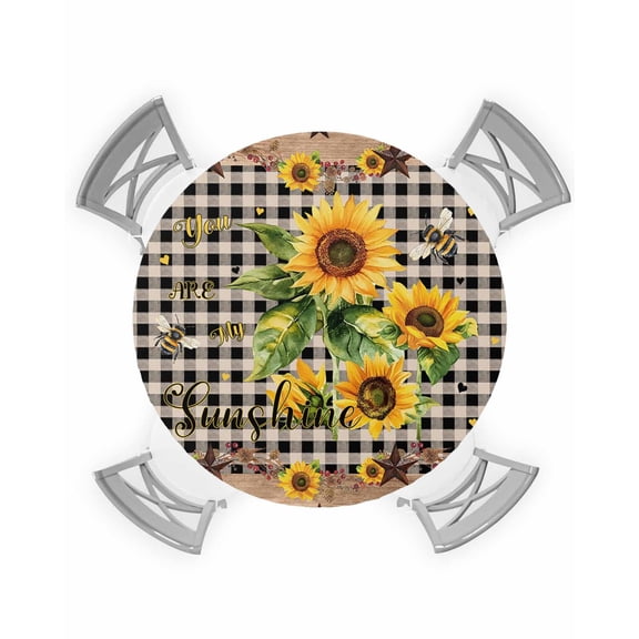 nqOlkjepod Sunflower Plaid Round Tablecloth, Fitted Table Cover with Elastic for 36"-44" Round Tables, Country Sunshine Star Vintage Bee Black Table Cloth Dinning Party Waterproof Tablecloths