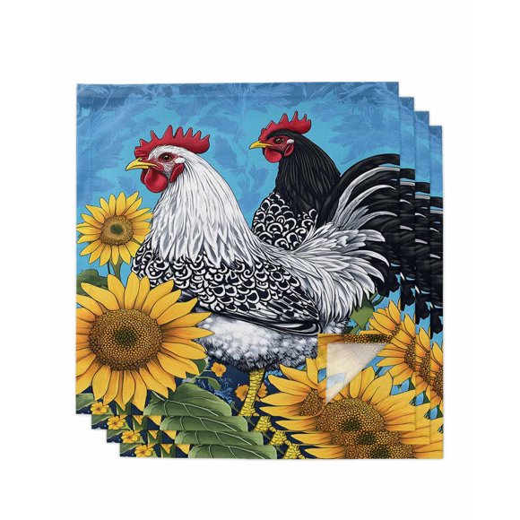 nqOlkjepod Sunflower Rooster Cloth Napkins Set of 4 Reusable Dinner Napkins, Yellow Summer Flower Vintage Cocktail Napkin Washable Table Napkins for Wedding/Holiday Party/Baby Shower 20"x20"