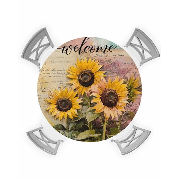 nqOlkjepod Sunflower Round Tablecloth, Fitted Table Cover with Elastic for 36"-44" Round Tables, Vintage Summer Botanical Pastoral Welcome Table Cloth Outdoor Dinning Party Waterproof Tablecloths