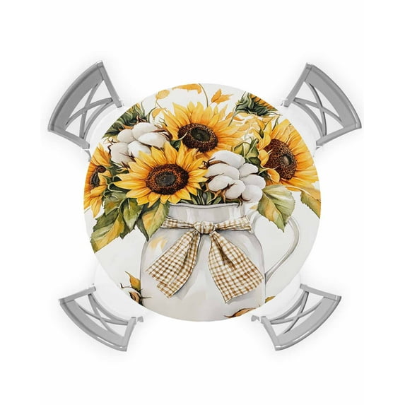 nqOlkjepod Sunflower Round Tablecloth, Fitted Table Cover with Elastic for 55"-60" Round Tables, Yellow Floral Botanicals Motif Floral Plant Table Cloth Outdoor Dinning Party Waterproof Tablecloths