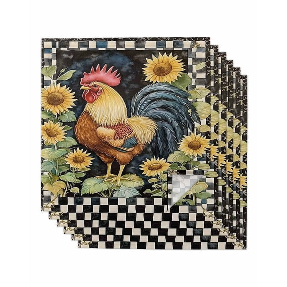 nqOlkjepod Sunflower Vintage Rooster Cloth Napkins Set of 6 Reusable Dinner Napkins, Farmhouse Animals Watercolor Cocktail Napkin Washable Table Napkins for Wedding/Holiday Party/Baby Shower 20"x20"