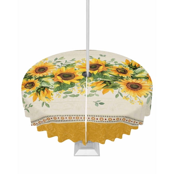 nqOlkjepod Sunflower Yellow Outdoor Tablecloth with Umbrella Hole & Zipper, Retro Southwest Country Plant Leaf Floral Round Table Cover 54 Inch, Dining Waterproof Table Cloth Protector for Patio
