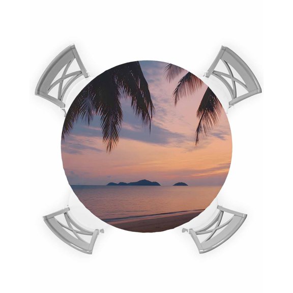 nqOlkjepod Sunset Summer Round Tablecloth, Fitted Table Cover with Elastic for 36"-44" Round Tables, Seasides Palm Tree Leaves Scene Table Cloth Outdoor Indoor Dinning Party Waterproof Tablecloths