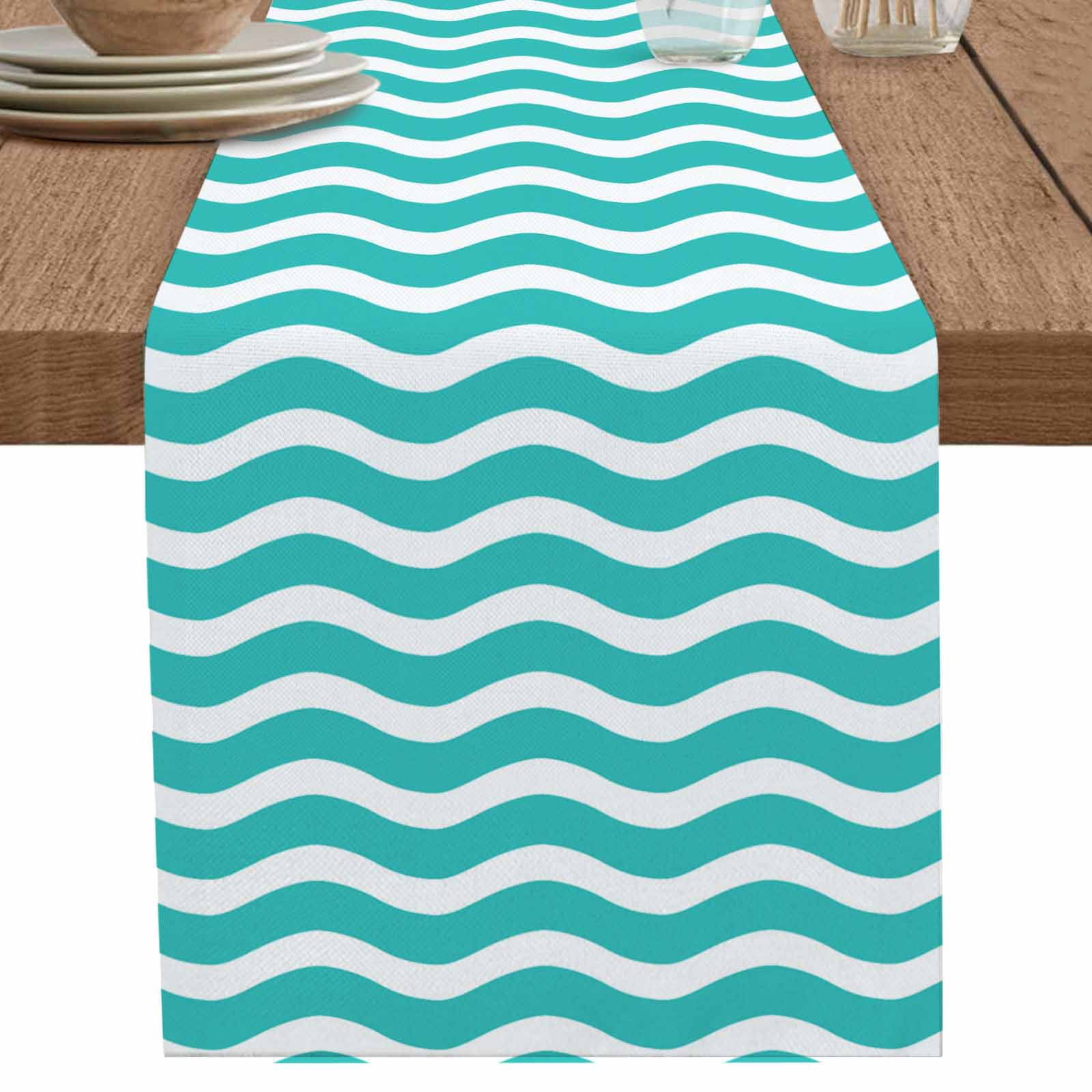 nqOlkjepod Teal Aqua Moire Ombre Table Runner 70 Inches Long Farmhouse ...