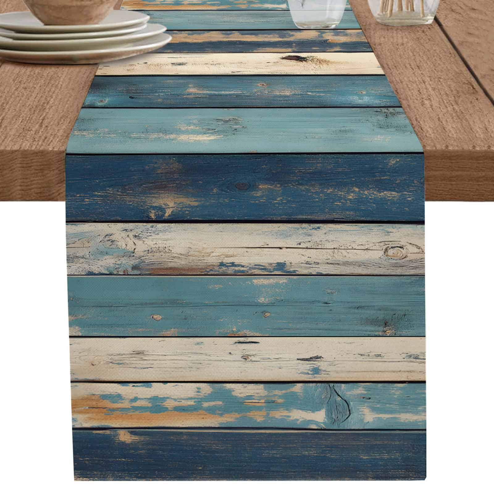 nqOlkjepod Teal Beige Stripe Table Runner 72 Inches Long Farmhouse ...
