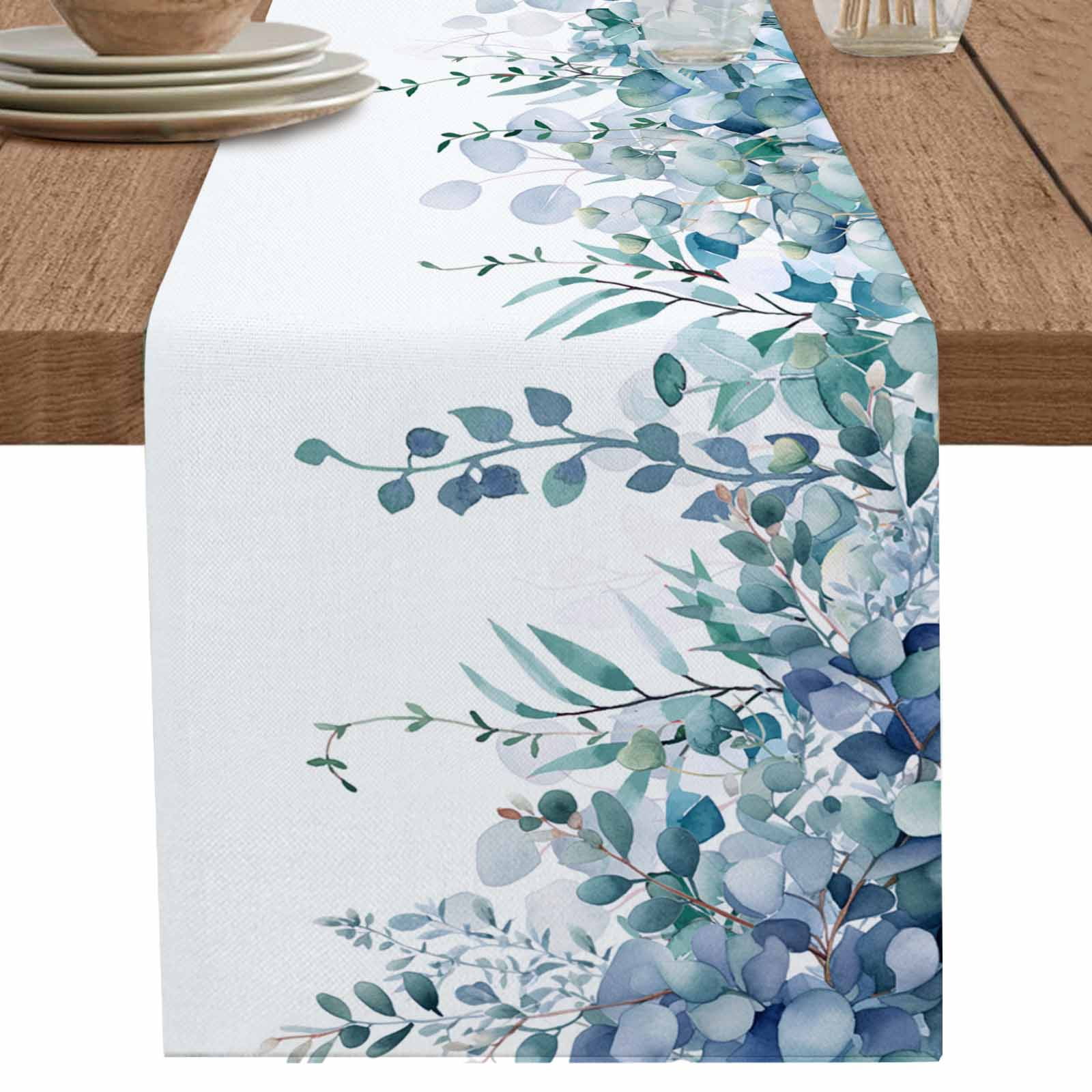 nqOlkjepod Teal Blue Eucalyptus Leaves Table Runner 72 Inches Long ...