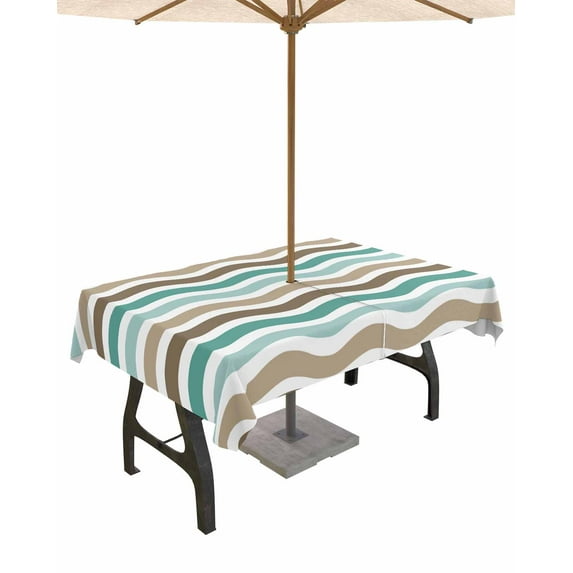 nqOlkjepod Teal Brown Ombre Outdoor Tablecloth with Umbrella Hole & Zipper, Geometric Striped Water Ripple White Rectangle Table Cover 52x70 Inch, Dining Waterproof Table Cloth Protector for Patio