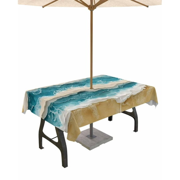 nqOlkjepod Teal Coastal Beach Outdoor Tablecloth with Umbrella Hole & Zipper, Summer Ocean Waves Watercolor Rectangle Table Cover 52x70 Inch, Dining Waterproof Table Cloth Protector for Patio/Party