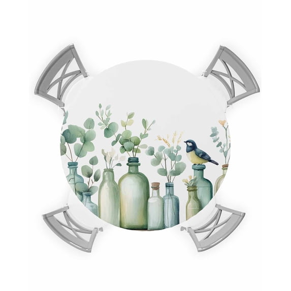 nqOlkjepod Teal Eucalyptus Leaves Round Tablecloth, Fitted Table Cover with Elastic for 36"-44" Round Tables, Botanical Vase Birds Table Cloth Outdoor Indoor Dinning Party Waterproof Tablecloths