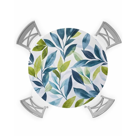 nqOlkjepod Teal Green Leaves Round Tablecloth, Fitted Table Cover with Elastic for 36"-44" Round Tables, Pastoral Summer Botanical Table Cloth Outdoor Indoor Dinning Party Waterproof Tablecloths