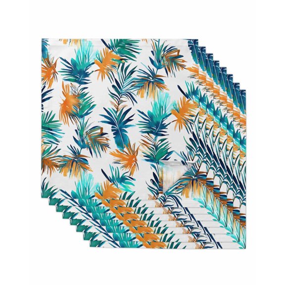 nqOlkjepod Teal Orange Palm Leaf Cloth Napkins Set of 8 Reusable Dinner Napkins, Summer Leaves Botanical Cocktail Napkin Washable Table Napkins for Wedding/Holiday Party/Baby Shower 20"x20"