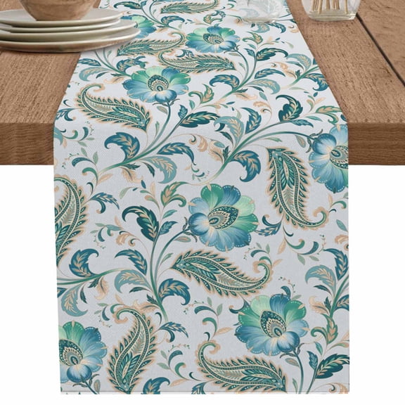 nqOlkjepod Teal Paisley Floral Table Runner 36 Inches Long Farmhouse Dress Scarves, Boho Ethnic Tribe Traditional Dining Tablerunner for Coffee Table/Kitchen Island/Party Décor, Small 13" x 36"