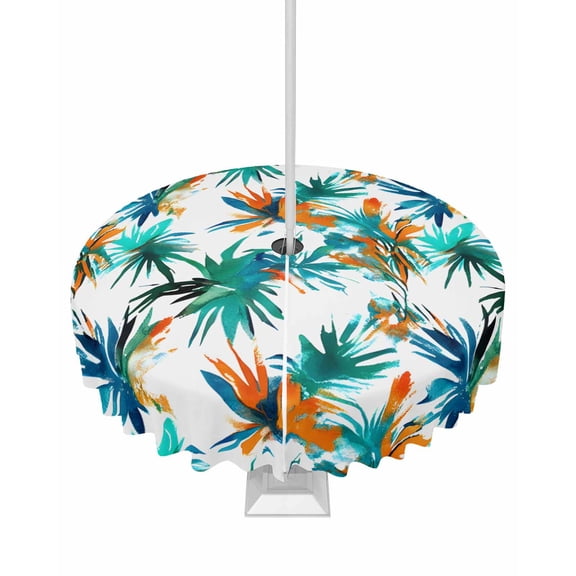 nqOlkjepod Teal Palm Leaf Outdoor Tablecloth with Umbrella Hole & Zipper, Orange Summer Botanical Leaves Round Table Cover 54 Inch, Dining Waterproof Table Cloth Protector for Patio/Party/Picnic