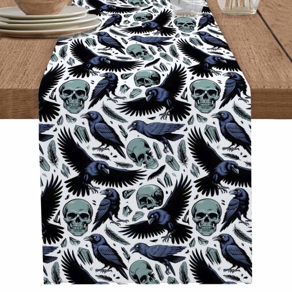 nqOlkjepod Teal Skull Halloween Table Runner 48 Inches Long Farmhouse Dress Scarves, Navy Blue Birds Vintage Skeleton Dining Tablerunner for Coffee Table/Kitchen Island/Party Décor, 13" x 48"