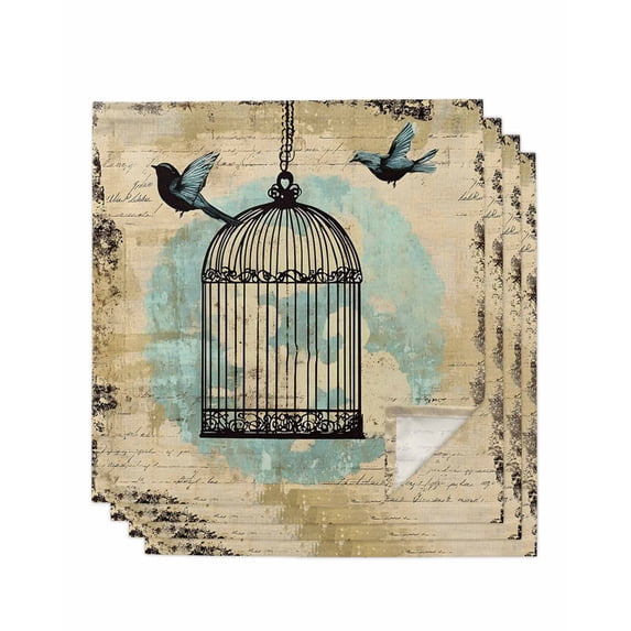 nqOlkjepod Teal Vintage Birds Cloth Napkins Set of 4 Reusable Dinner Napkins, Retro Birdcage Watercolor Cocktail Napkin Washable Table Napkins for Wedding/Holiday Party/Baby Shower 20"x20"