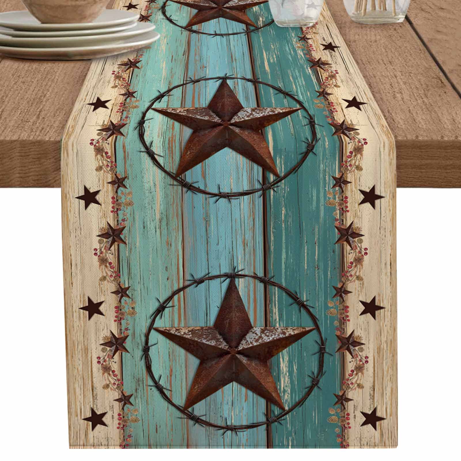 nqOlkjepod Texas Star Country Table Runner 90 Inches Long Farmhouse Dress Scarves, Western Old Wooden Board Vintage Dining Tablerunner for Coffee Table/Kitchen Island/Party Décor, 13" x 90"