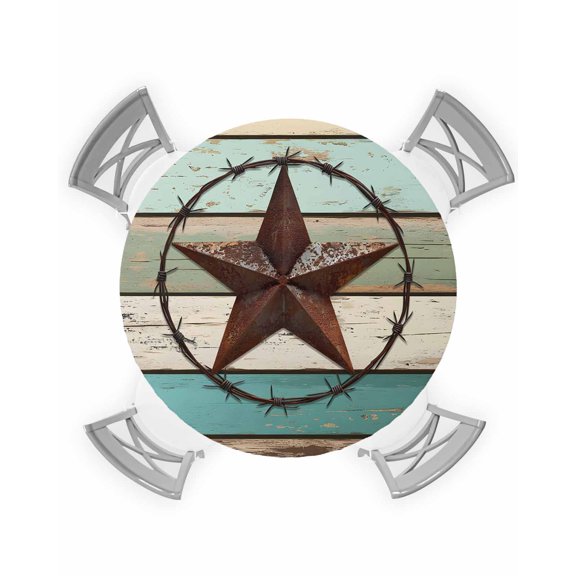 nqOlkjepod Texas Star Western Round Tablecloth, Fitted Table Cover with Elastic for 36"-44" Round Tables, Vintage Teal Brown Wooden Farmhouse Table Cloth Outdoor Dinning Party Waterproof Tablecloths
