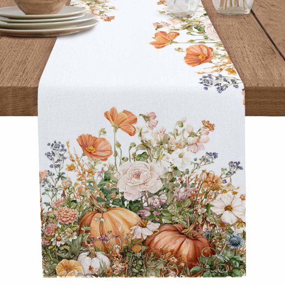 nqOlkjepod Thanksgiving Fall Table Runner 120 Inches Long Farmhouse Dress Scarves, Autumn Botanical Pumpkins Floral Dining Tablerunner for Coffee Table/Kitchen Island/Party Décor, 13" x 120"